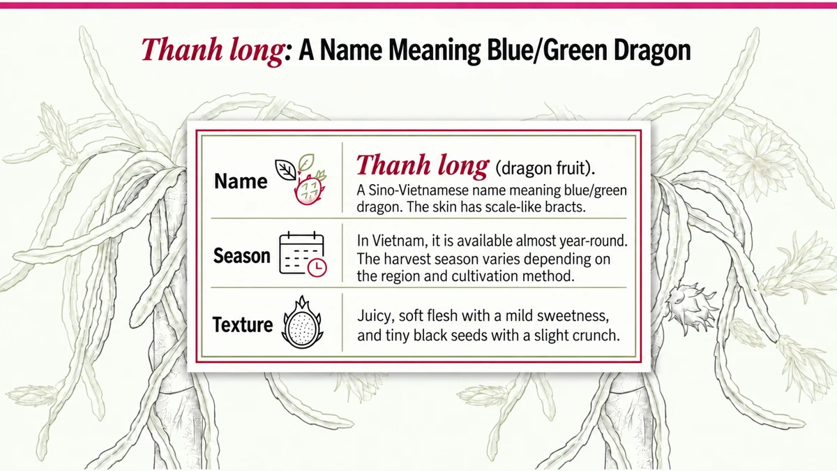 Thanh long name, availability in Vietnam and soft juicy flesh with crunchy seeds