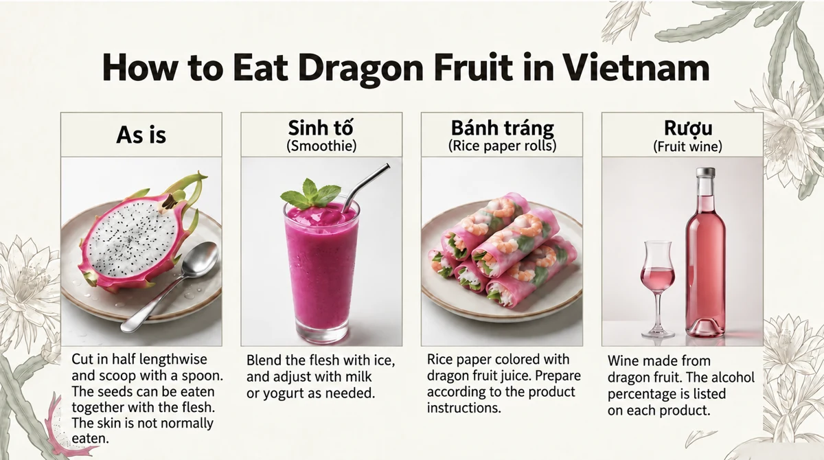 Dragon fruit served fresh, as a smoothie, in rice paper and as an alcoholic drink