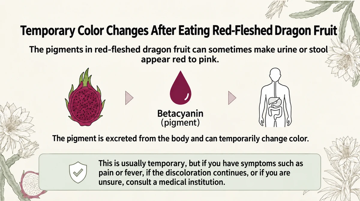 Red-flesh pigments may temporarily discolor urine or stool, with symptoms that warrant medical advice