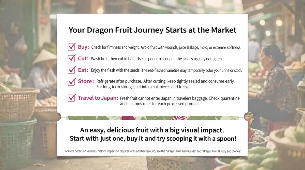 Summary of buying, cutting, eating, storing and taking dragon fruit products home