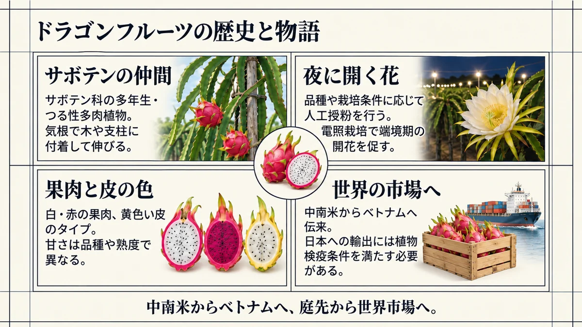 ドラゴンフルーツの生態、栽培、果肉色、世界市場への広がり
