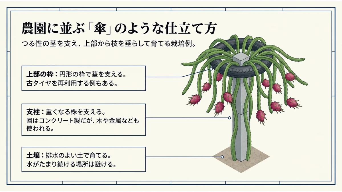 上部の枠と支柱で茎を支え、枝を垂らす栽培構造
