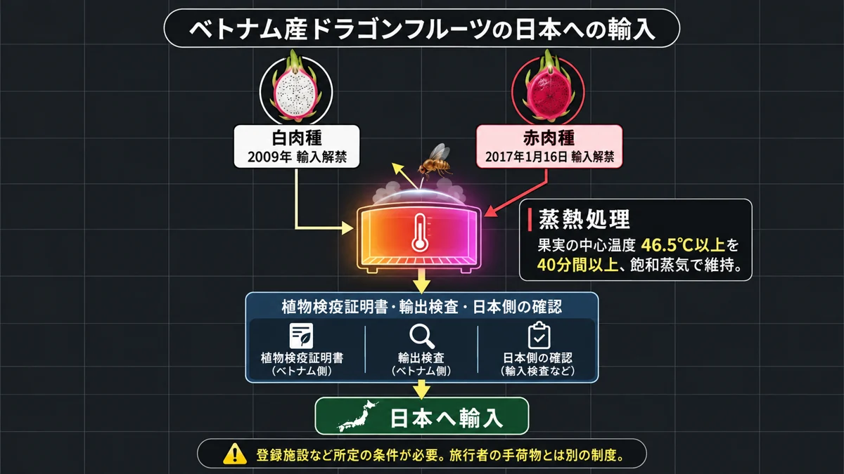 輸入解禁年、中心温度46.5℃以上を40分間以上保つ蒸熱処理、検疫条件