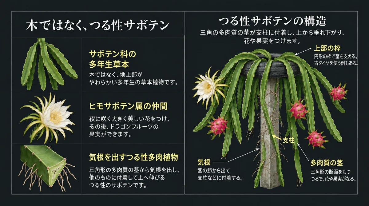 つる性サボテンの茎、気根、花と支柱栽培の構造