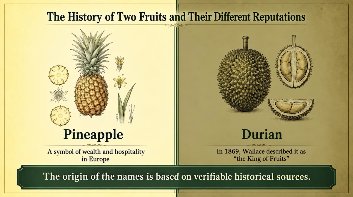 Pineapple became a symbol of wealth and hospitality; Wallace described durian as a king of fruits in 1869.