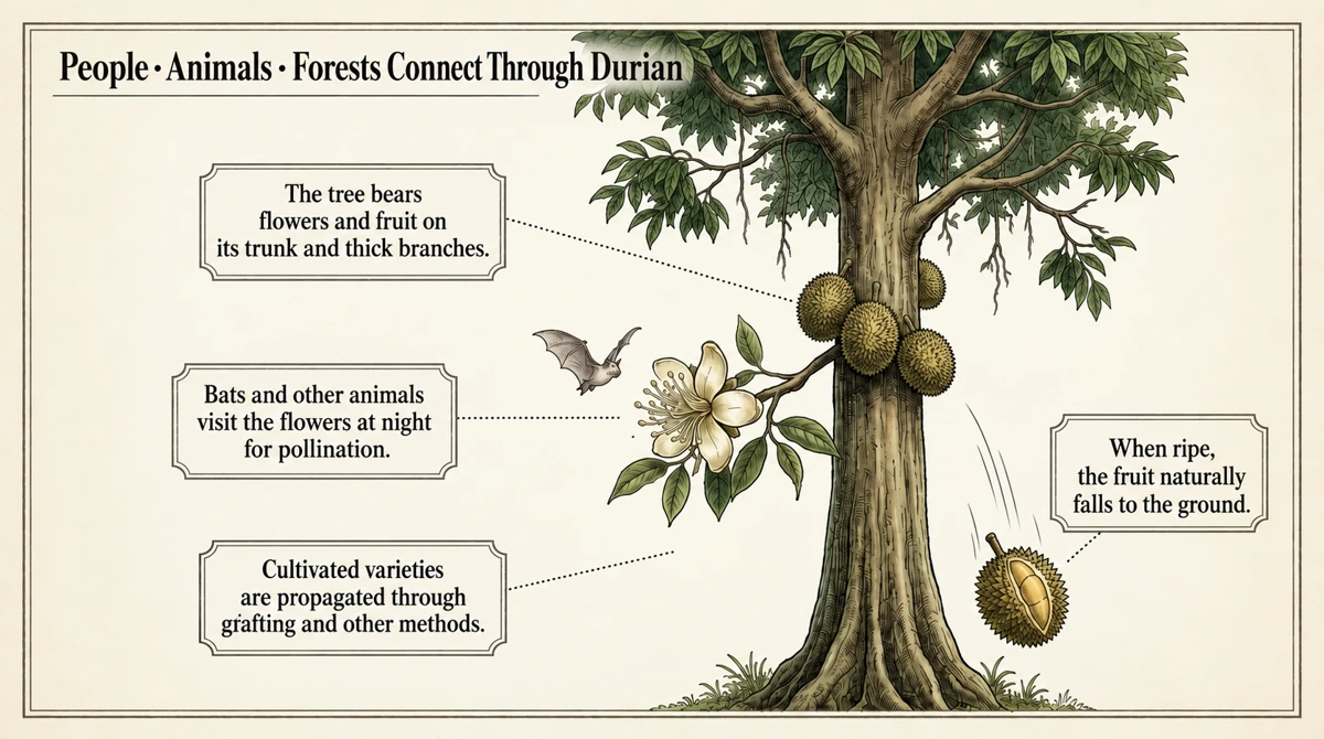 Cultivation, pollination and falling fruit connect people, animals and forests in durian’s history.