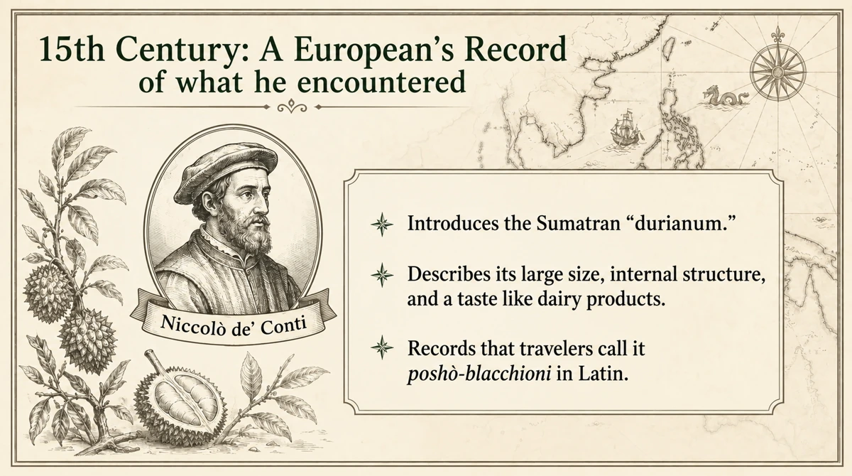 News of durian reached Europe through de’ Conti’s 15th-century travels.