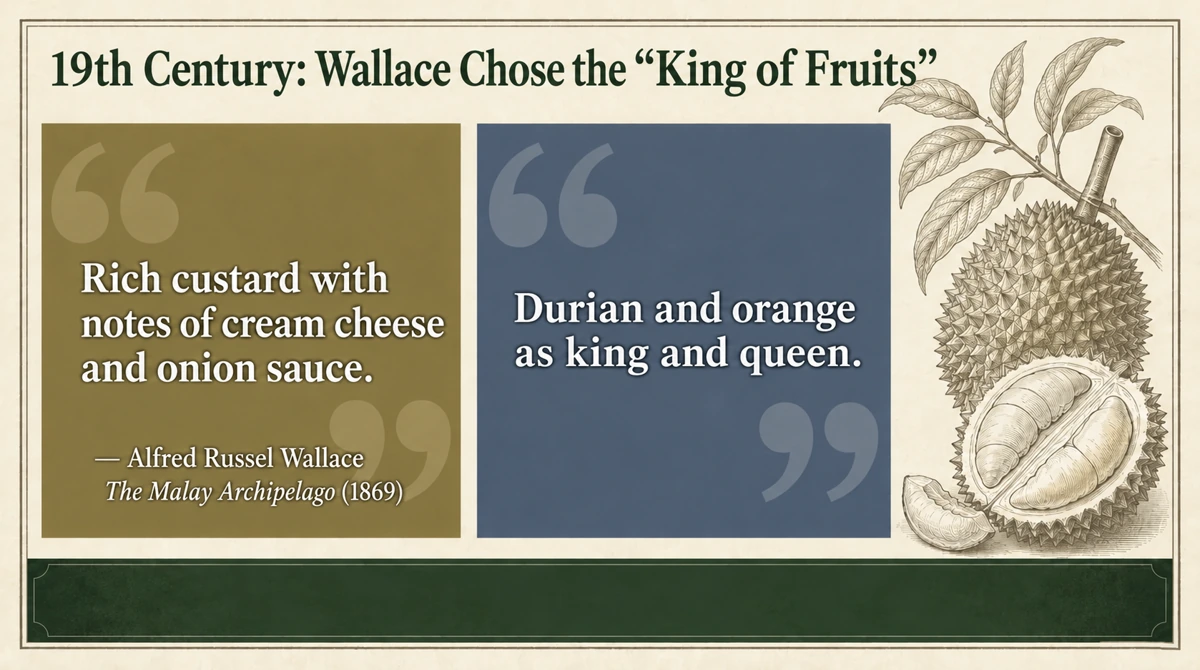 In 1869, Wallace praised durian and described it as a king paired with orange.