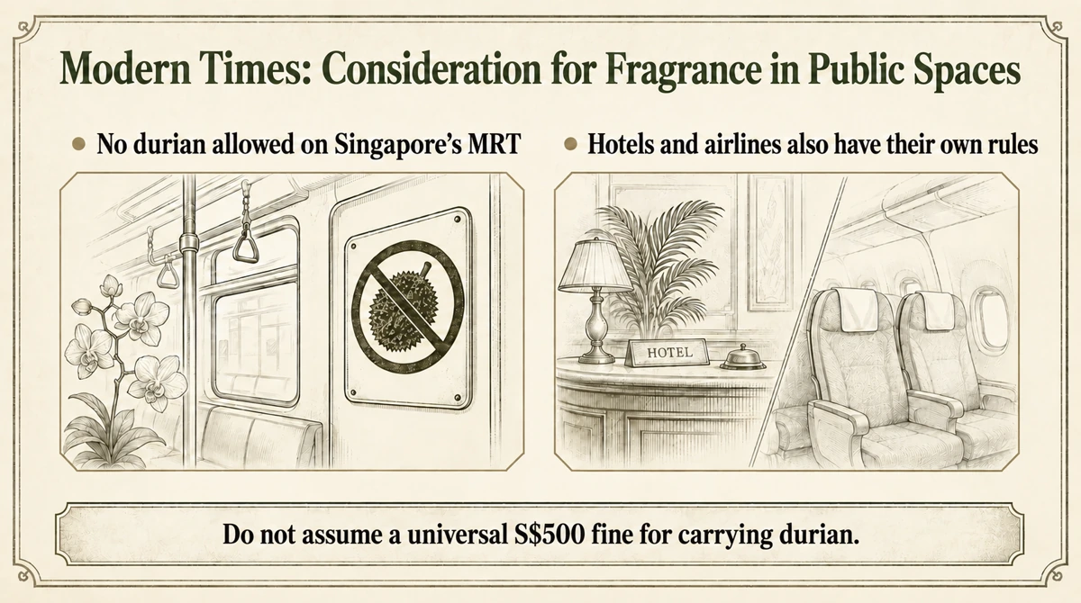 Consider others when carrying durian on transport or into accommodation. A durian-specific SGD 500 fine is not established in the cited regulations.