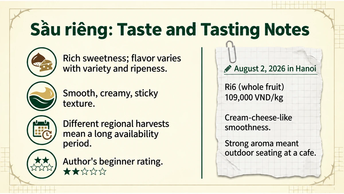 Durian’s basic taste and texture, with the author’s purchase record from a Hanoi supermarket.