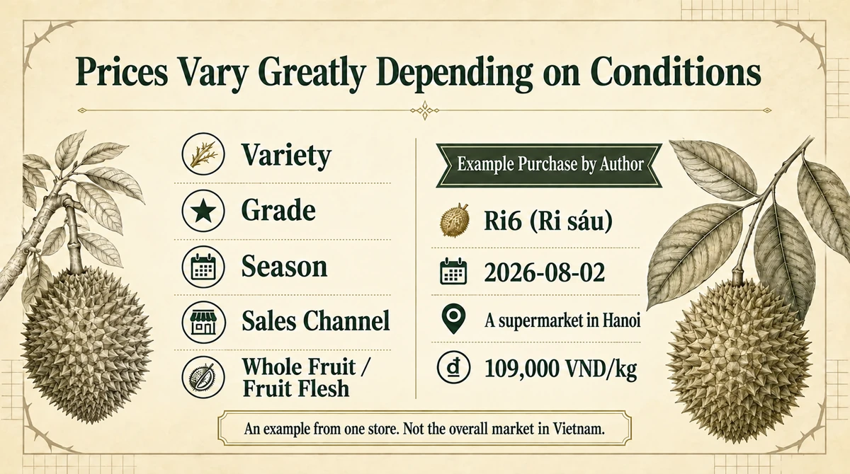 Price varies with variety, grade, season, sales stage and format. 109,000 VND/kg is a purchase example from one shop.