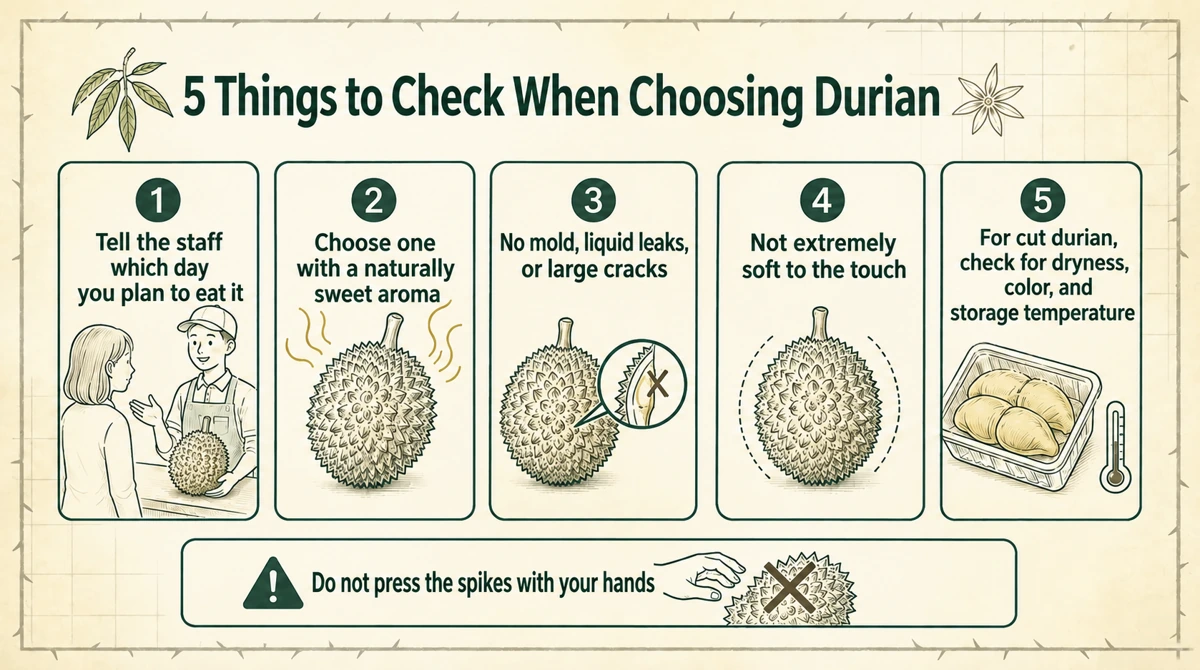 Five checks when choosing durian. Do not press spikes with bare hands.