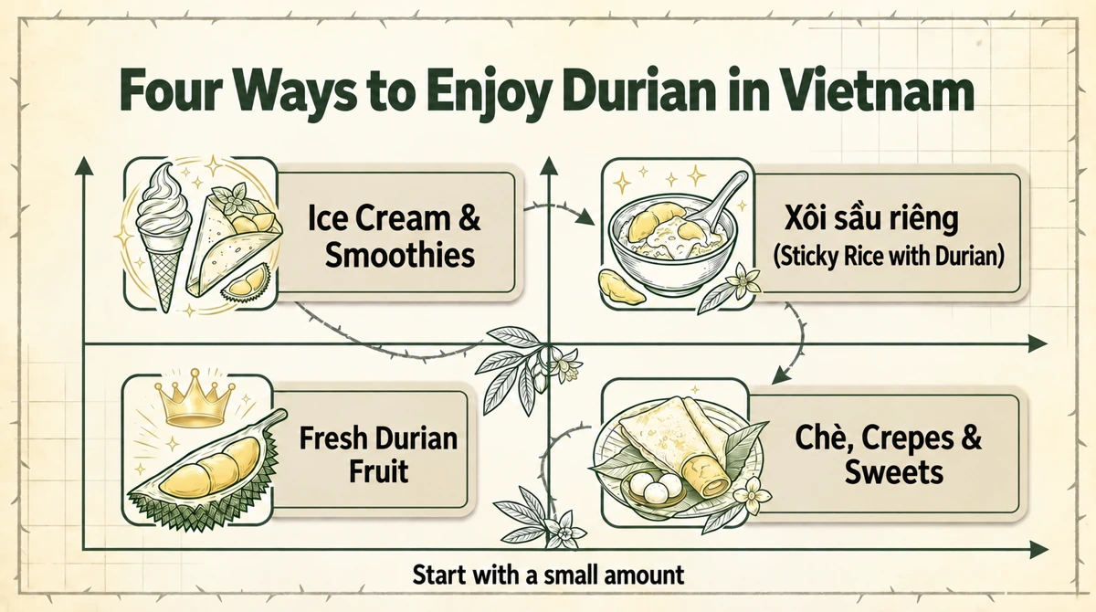 Four ways to enjoy durian in Vietnam. Begin with a small serving.