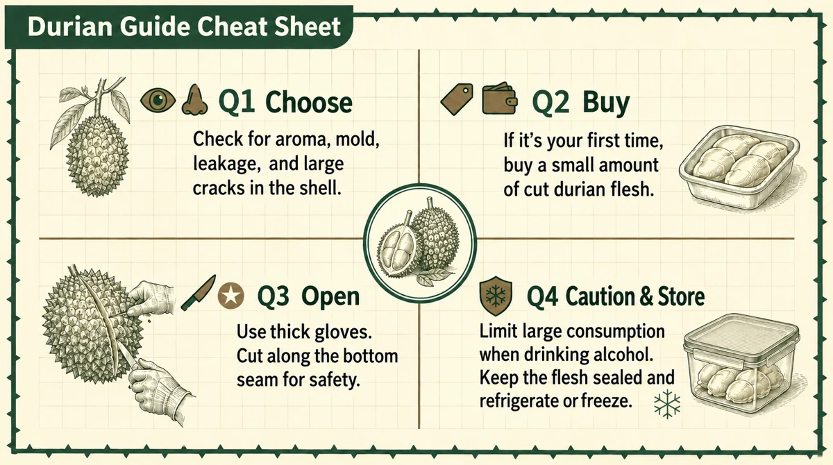 A beginner’s durian cheat sheet: avoid large portions while drinking alcohol and store the flesh in a sealed container.