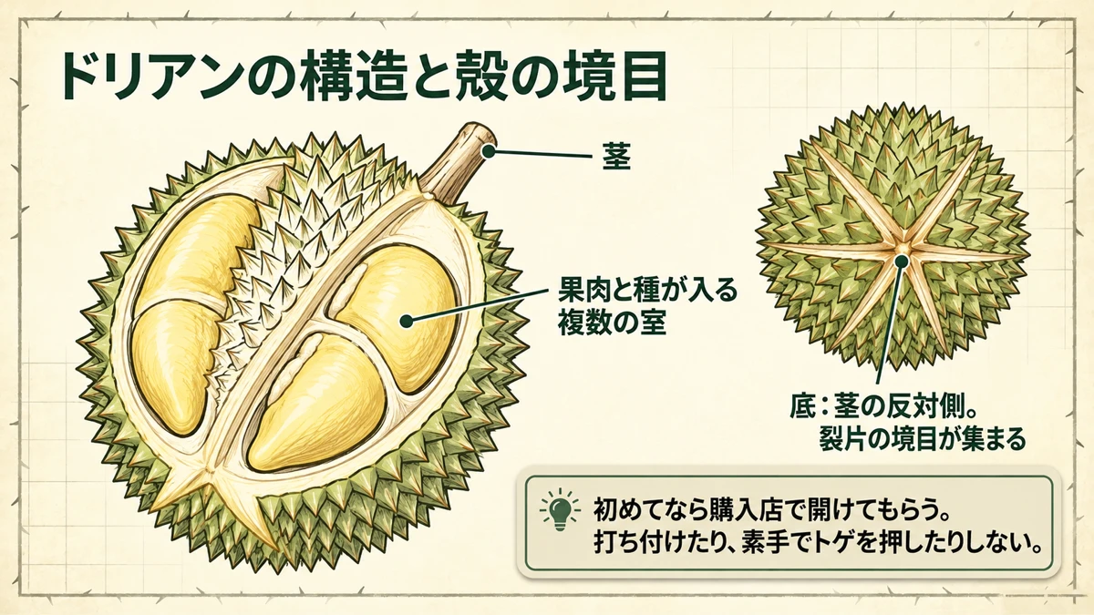 ドリアンの茎、裂片、底に集まる境目を示した解剖図