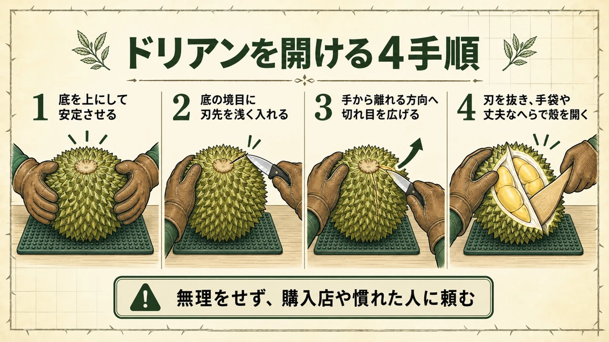 厚手の手袋を使い、ドリアンの底の境目から安全に殻を開く4手順