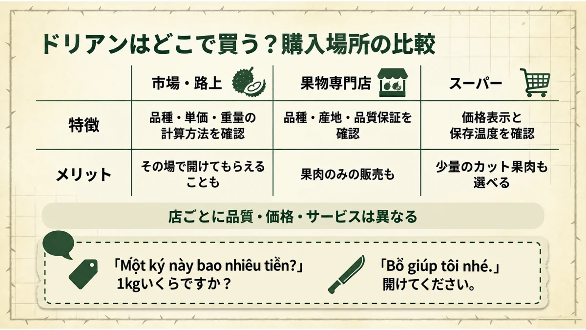 市場、果物専門店、スーパーの特徴と、買い物で使うベトナム語をまとめた図