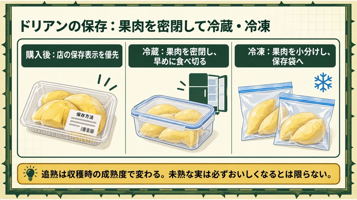 購入後の保存表示、果肉の密閉冷蔵、小分け冷凍を示した図