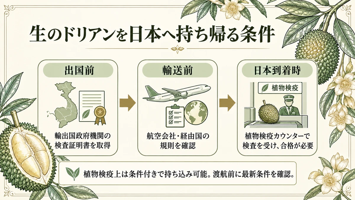 ベトナムで検査証明書を取得し、日本到着時に植物検疫を受ける流れを示した図