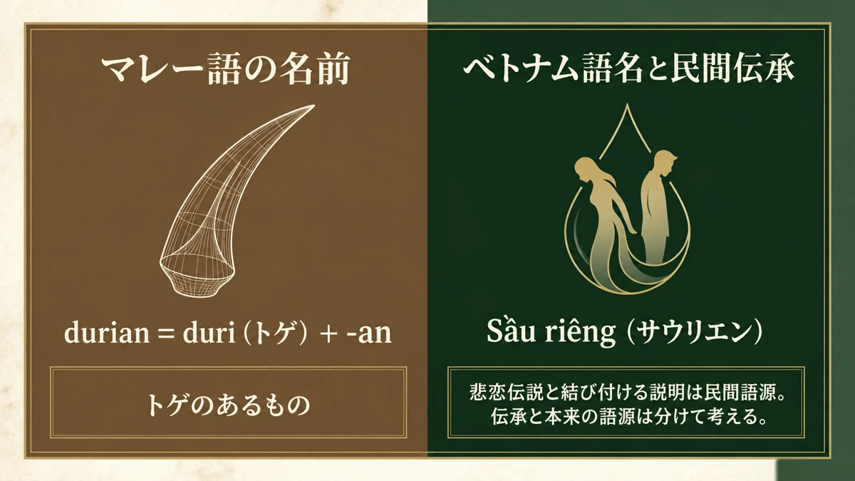 マレー語durianの成り立ちと、ベトナム語Sầu riêngをめぐる民間語源を対比した図