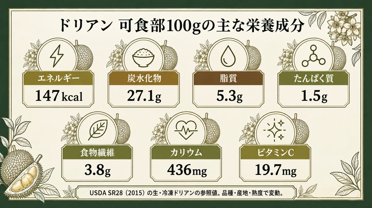 ドリアン100グラム当たりの主な栄養成分を示した図