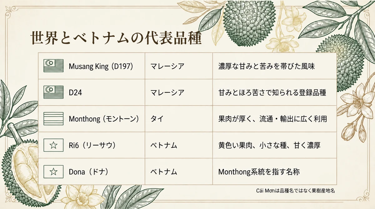 Musang King、D24、Monthong、Ri6、Donaの産地と特徴を比較した表