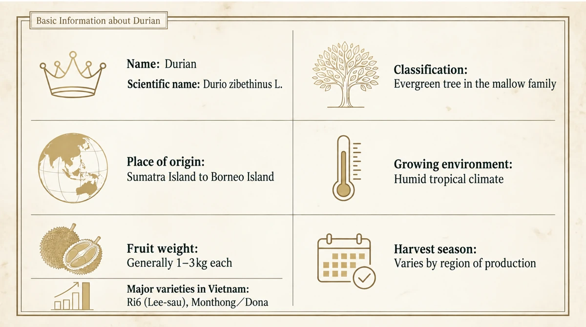 Basic facts about durian. Fruit weight and harvest season vary with variety, origin and ripeness.