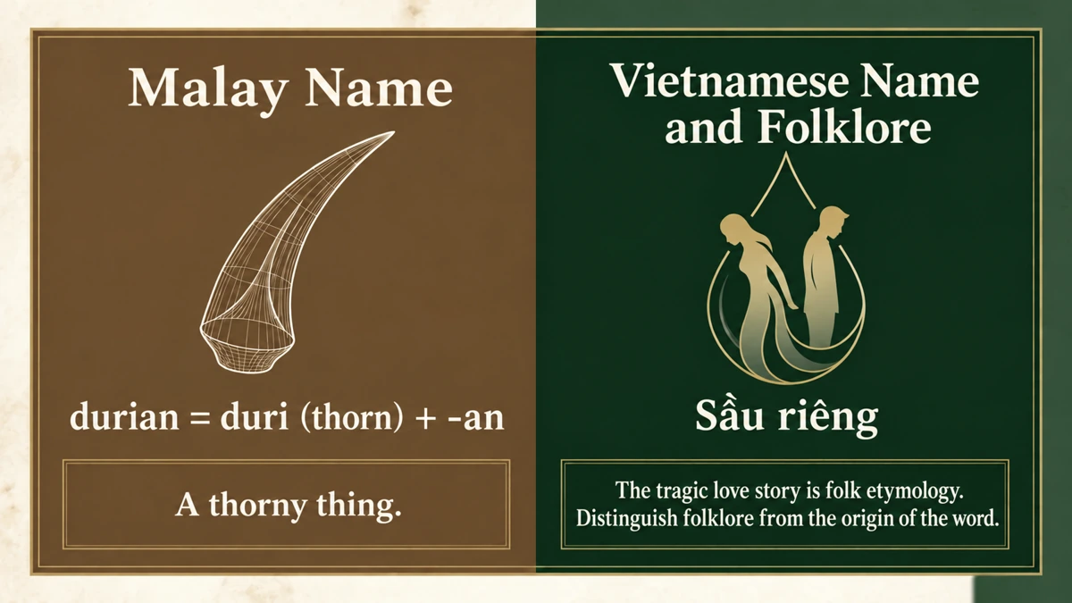 Malay etymology and Vietnamese folk etymology. The tragic love story is not a historically established origin of the name.