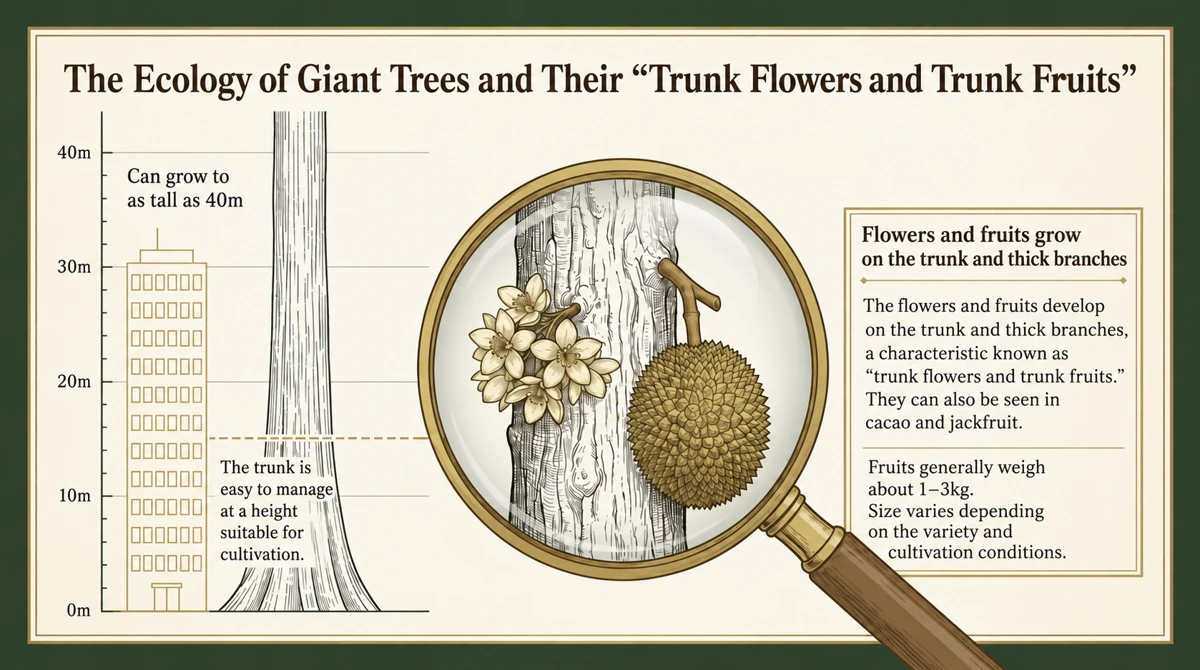 Flowers and fruit grow on the trunk and thick branches, a habit also found in cacao and jackfruit.