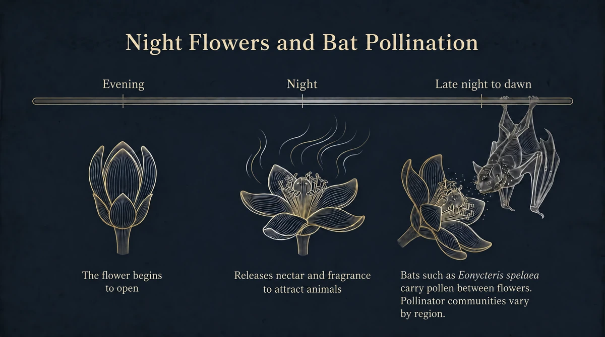 Durian flowers open at night. Several bat species and other pollinators contribute, depending on the region.