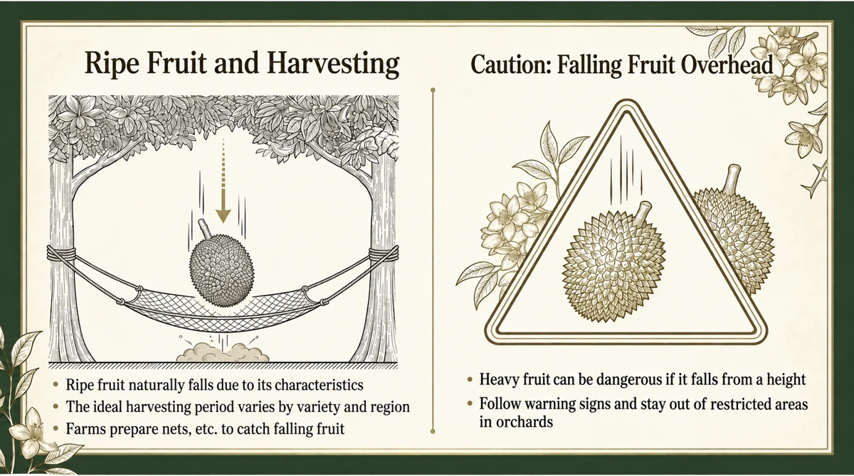 Ripe fruit can fall naturally. Follow orchard access restrictions and local warnings.