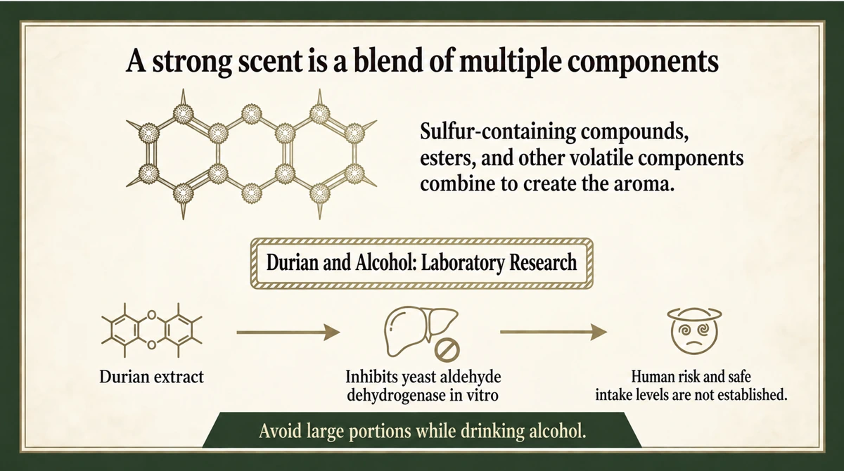 Sulfur compounds and esters contribute to the aroma. Human risk and safe intake levels for durian with alcohol have not been established.