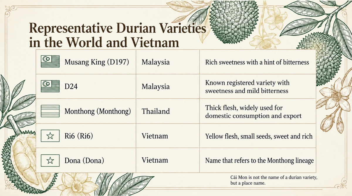 Major varieties in the world and Vietnam. Ri6 is pronounced “Ri sáu”; Dona refers to Monthong-type durian in Vietnam.