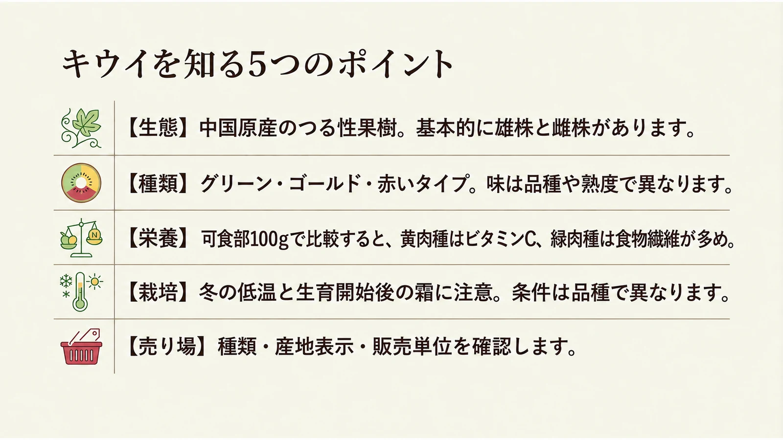 キウイを知る5つのポイントをまとめた図。生態・品種・栄養・栽培・売り場
