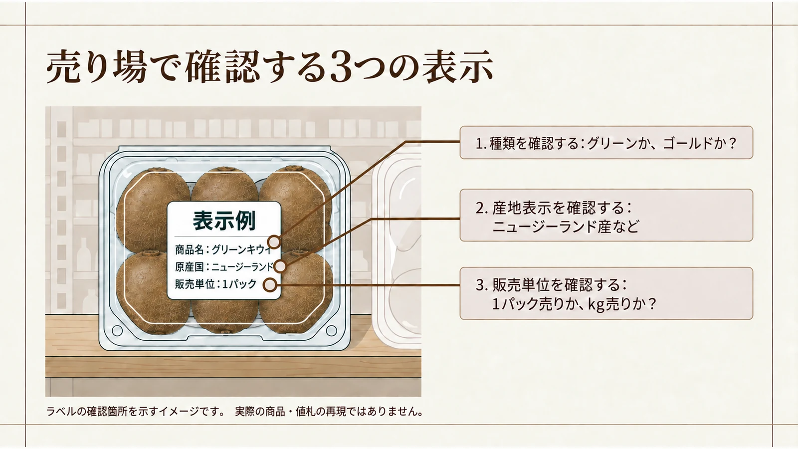 ベトナムのスーパーでのキウイのパック売りと産地ラベルを示すイラスト。種類・産地・販売単位の3点を確認する