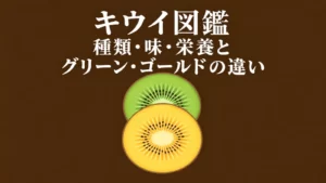 キウイ図鑑の表紙。グリーンとゴールドの果肉の断面