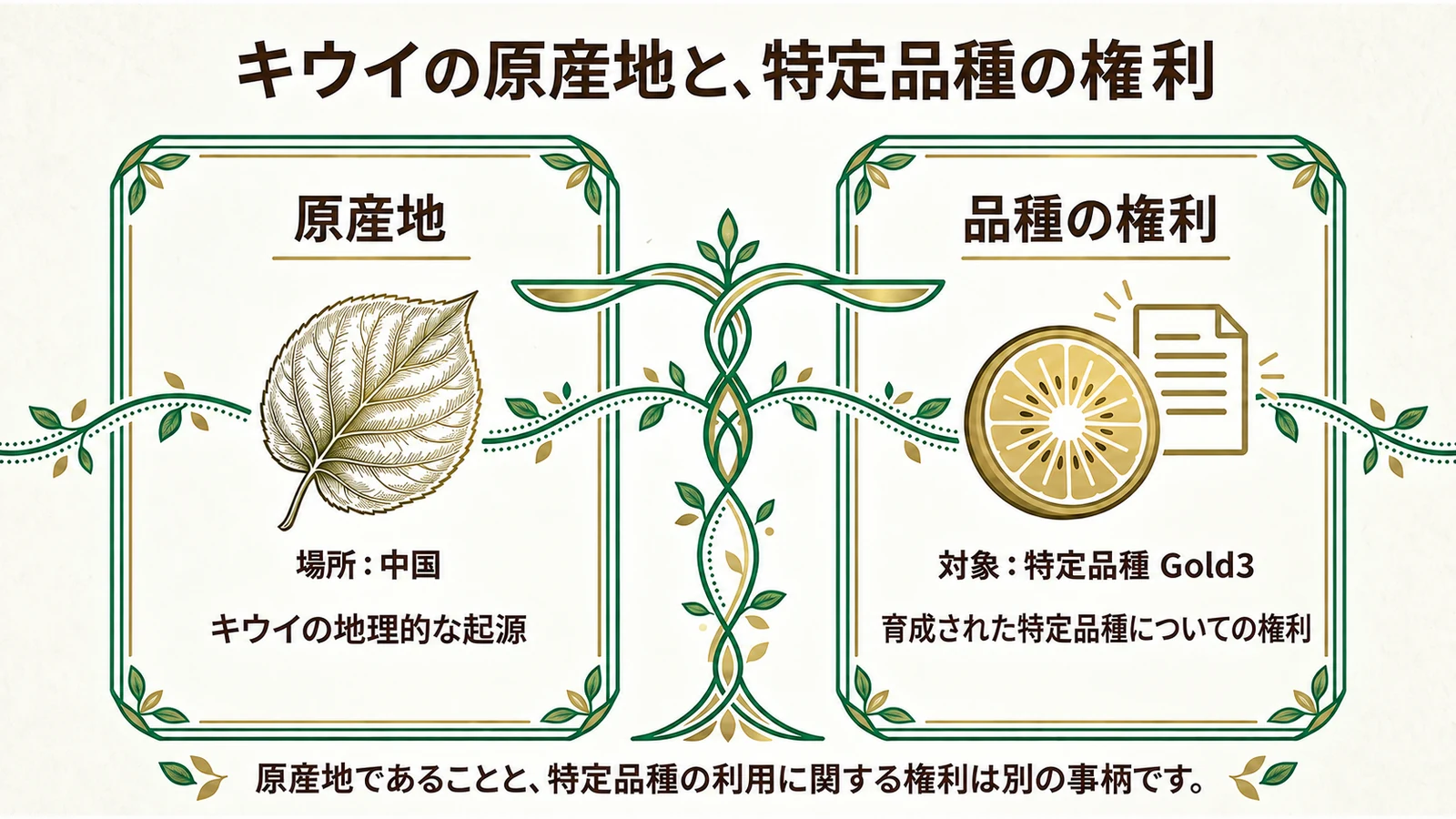 キウイの原産地とGold3の植物品種権を対比する図