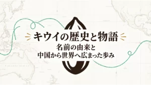 キウイの歴史と物語の表紙。世界地図を背景にしたタイトル画像