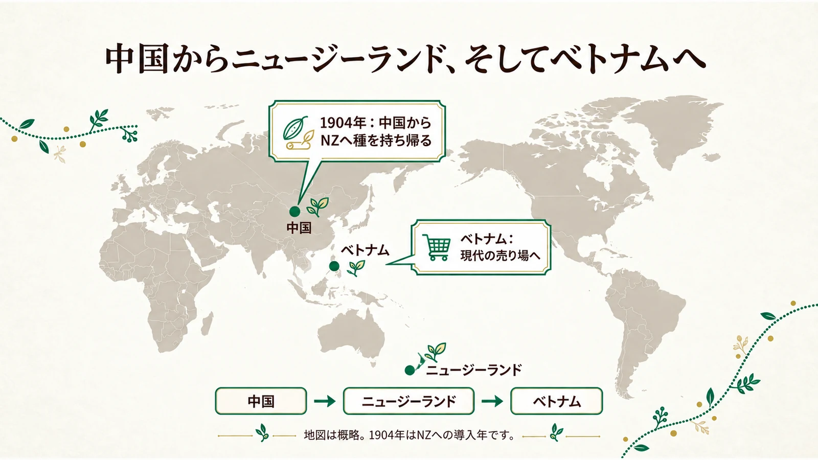 中国・ニュージーランド・ベトナムを結ぶキウイの旅の概略図