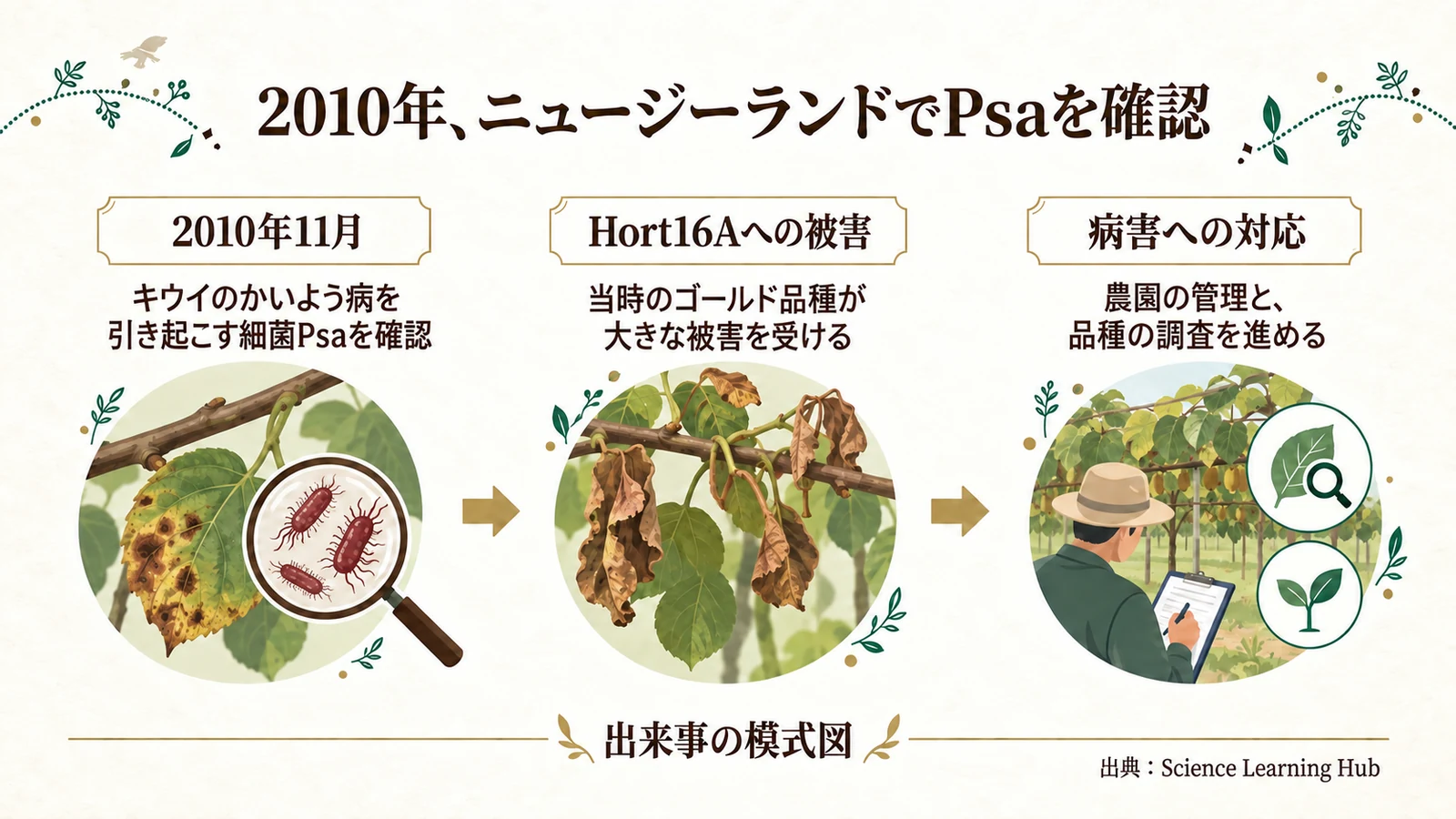 2010年11月のPsa確認、Hort16Aへの被害、病害への対応を示す模式図