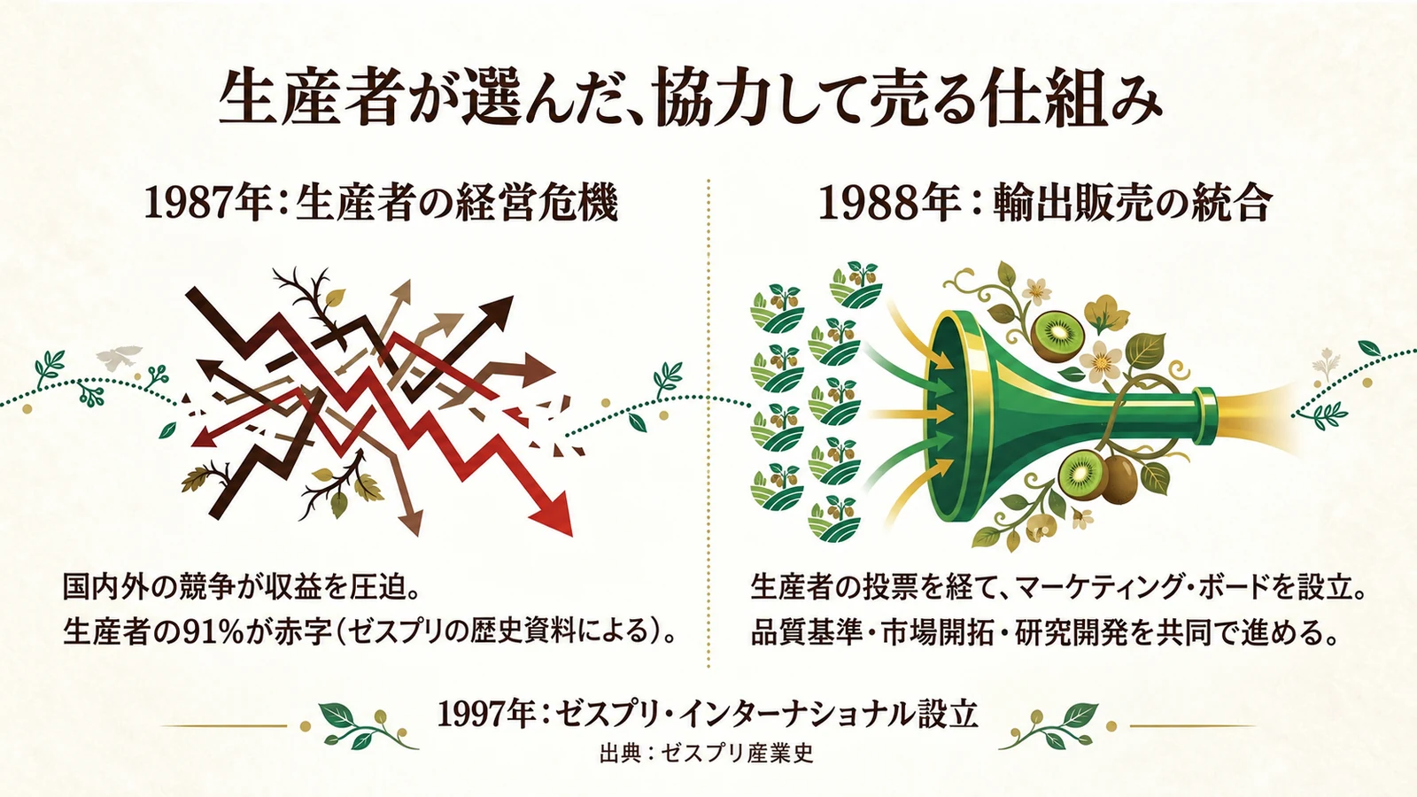 1987年の生産者の経営危機と1988年の輸出販売統合を対比した図