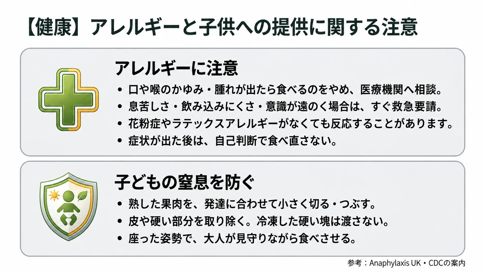 アレルギーへの警戒(Anaphylaxis UKの案内)と、乳幼児への提供(CDCの案内・窒息防止)の注意点