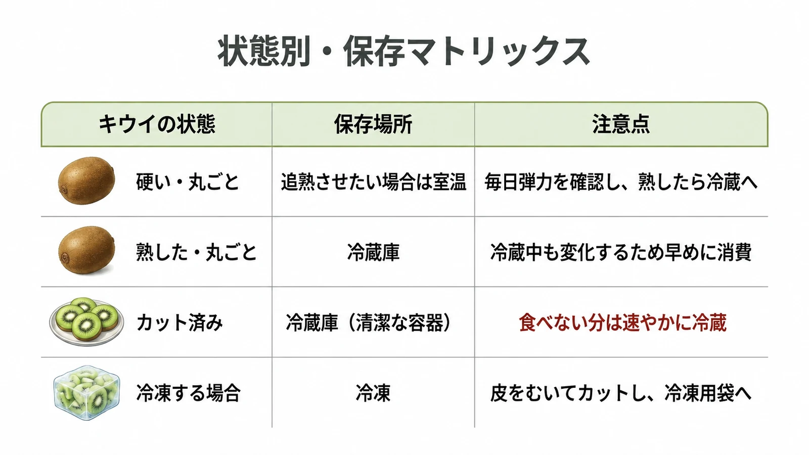 状態別・保存マトリックス。硬い丸ごとは室温、熟した丸ごとは冷蔵庫、カット済みは室温放置厳禁で冷蔵庫、冷凍する場合は皮をむいてカット