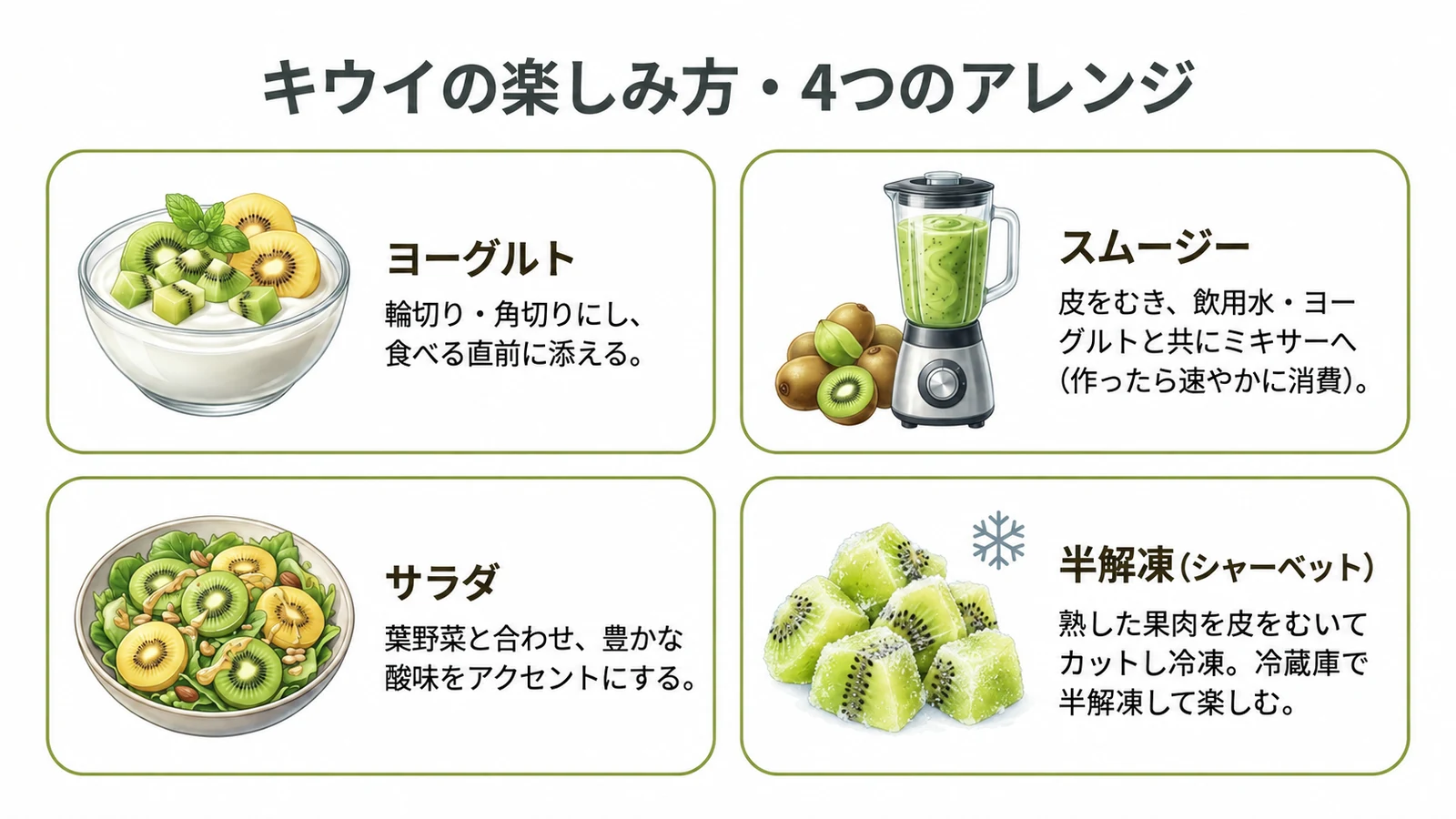 キウイの楽しみ方4つのアレンジ。ヨーグルト、スムージー、サラダ、半解凍(シャーベット)