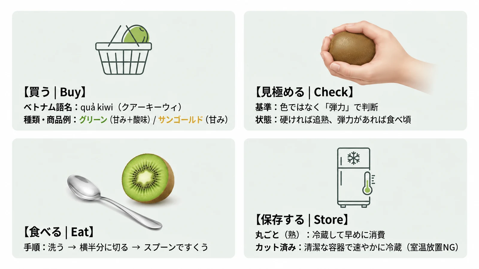 買う・見極める・食べる・保存するの4手順。ベトナム語名や熟度の基準、保存の要点をまとめた図