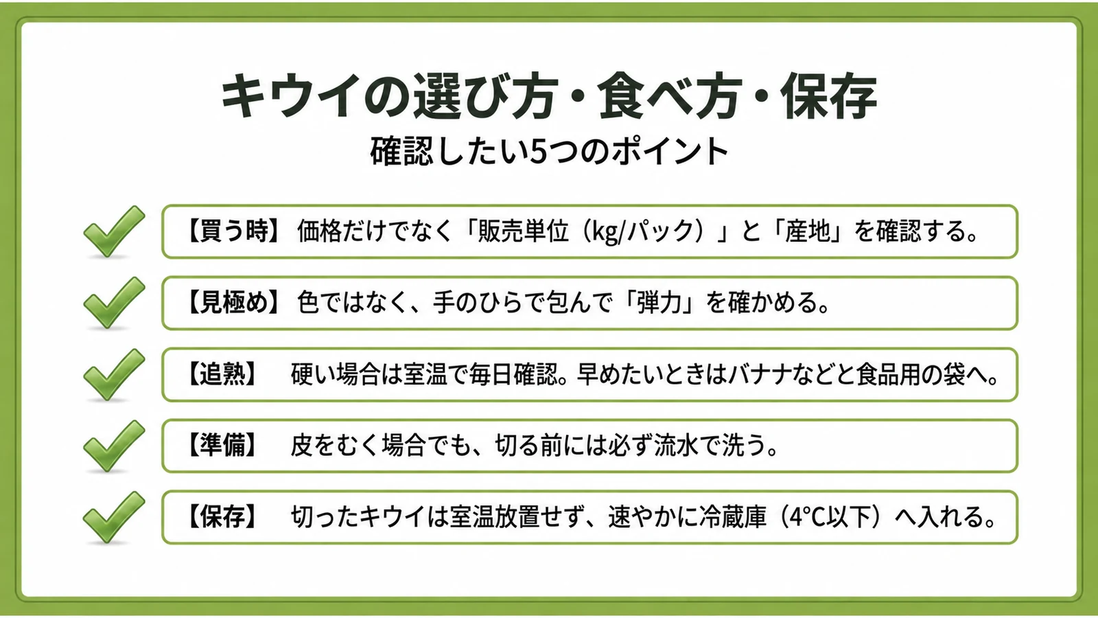 キウイの選び方・食べ方・保存。買う時・見極め・追熟・準備・保存の5ステップの確認事項
