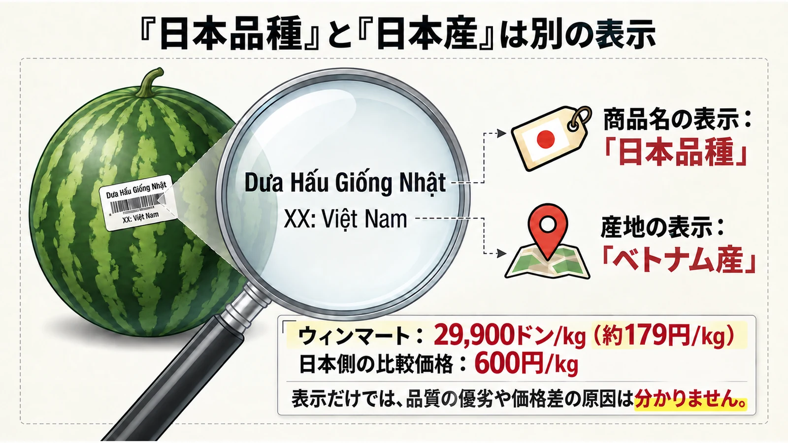スイカの商品名にある日本品種の表示とベトナム産の表示を示す図解