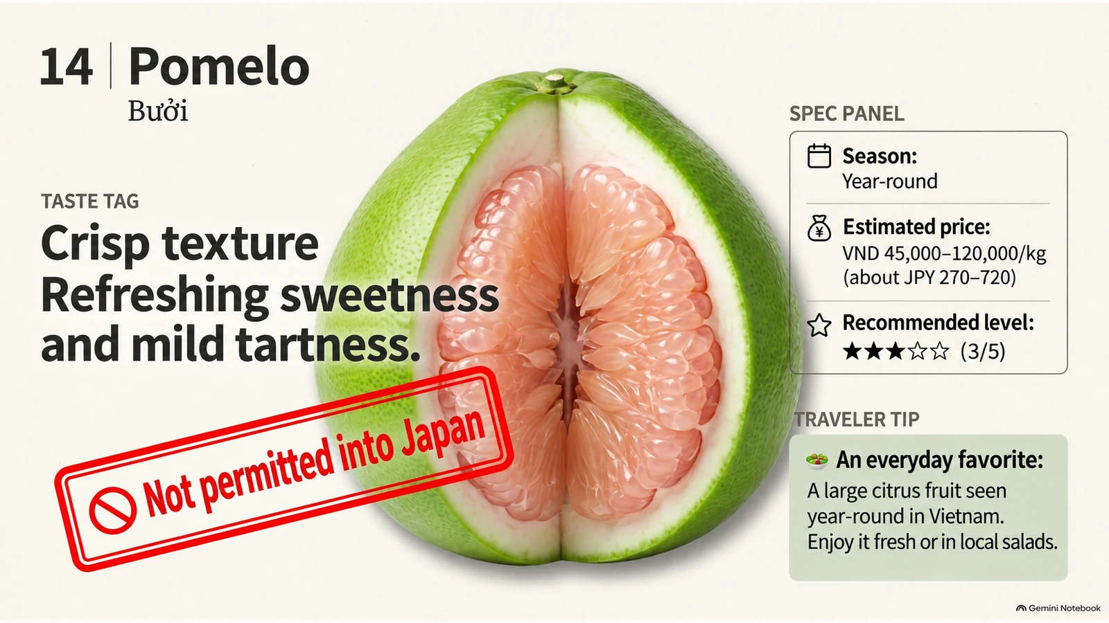 Illustration of Vietnamese pomelo seasons, prices, beginner rating, and flavor