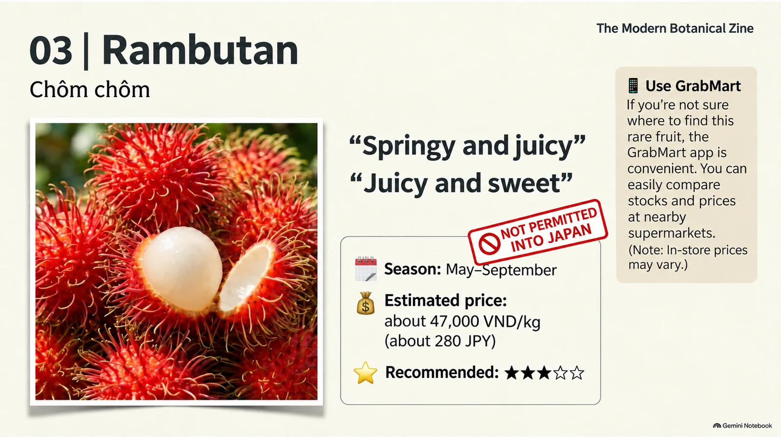 Illustration of Vietnamese rambutan seasons, prices, beginner rating, and flavor