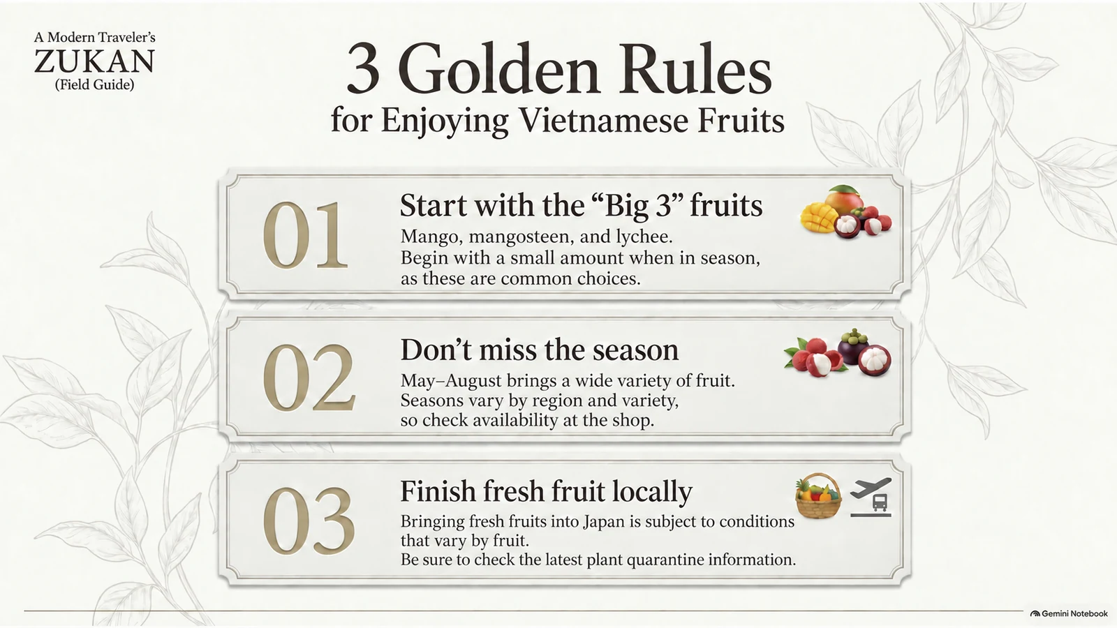 Illustration summarizing three tips for enjoying Vietnamese fruit